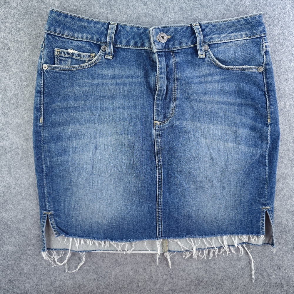 Paige Denim Mini Skirt 27 Blue Medium Wash Raw Frayed Hem Stretch - Picture 1 of 8